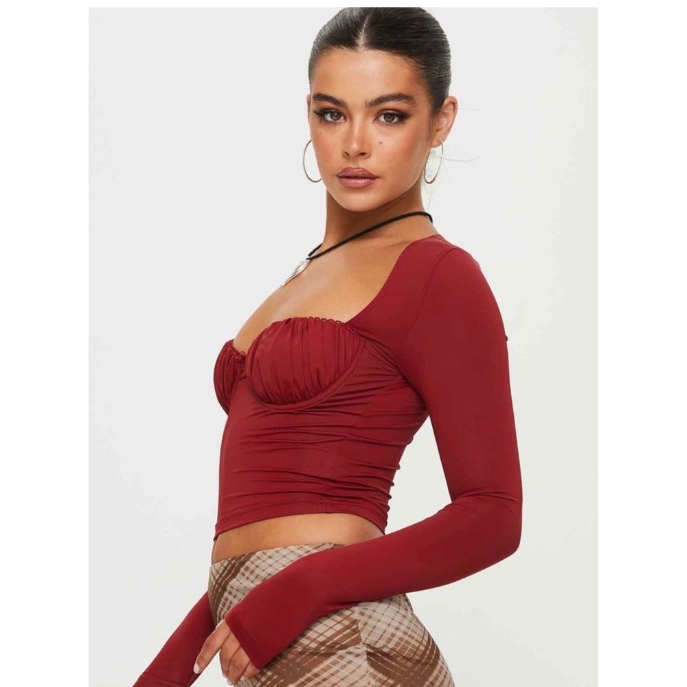 Wilfred Aritzia Bustier Crop Top M Burgundy Red Good Long Sleeve Square Neck
